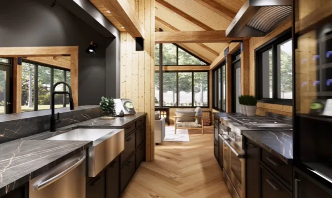 renovations-majeures Cuisine moderne avec des finitions en bois et comptoirs en marbre, conçue par un entrepreneur général pour allier élégance et fonctionnalité.